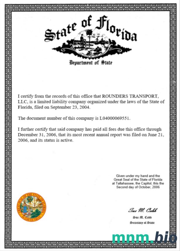 USA State of Florida vcertyfikat of business license Word i szablon PDF